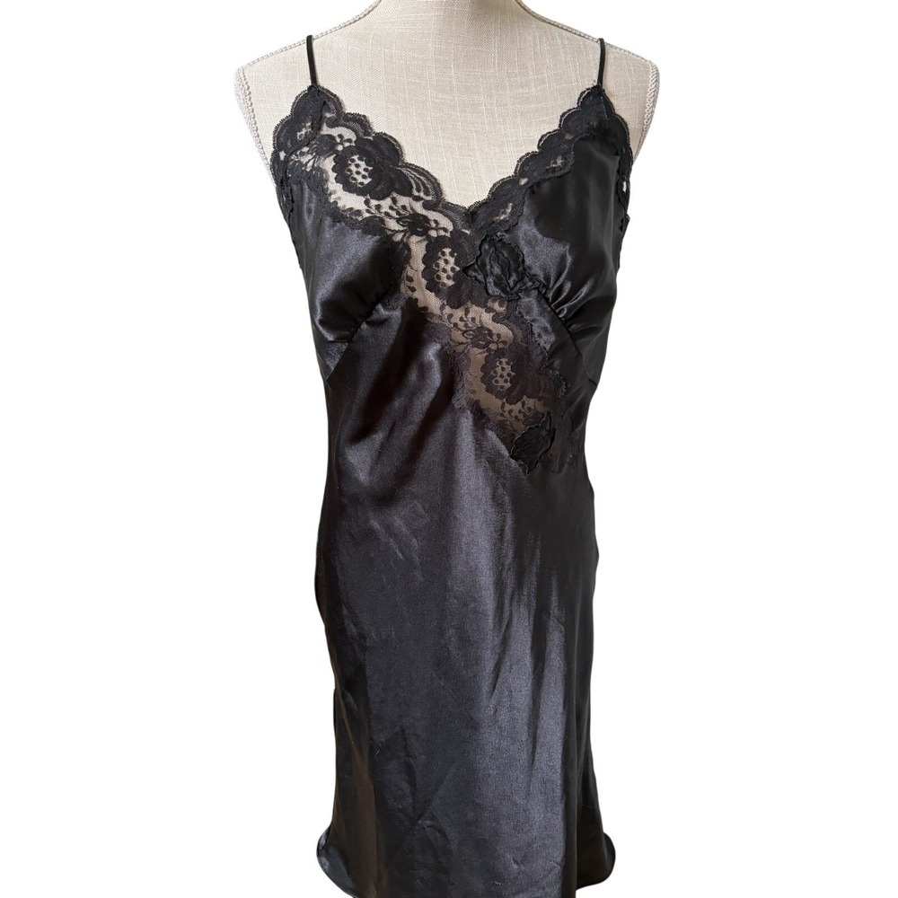 Vintage 1990s Victoria's Secret Gold Label Black Lace Slip Dress Lingerie Size M